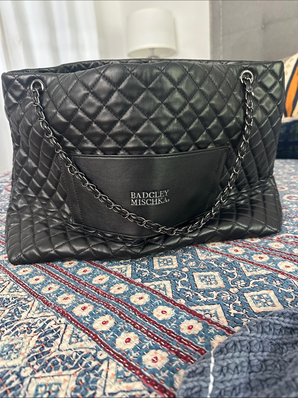 Badgley Mischka Black Quilted Chain-Handle Backpack